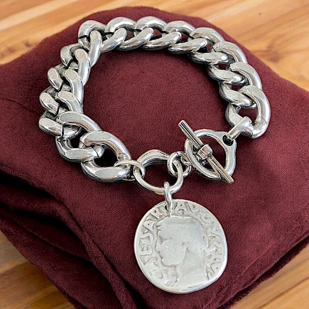 Silver Caesar Coin Charm Bracelet with Toggle Clasp Cuban Chain Link